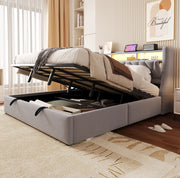 Polsterbett 180x200 cm con contenitore; testiera ribaltabile; LED; USB e USB-C; velluto grigio chiaro