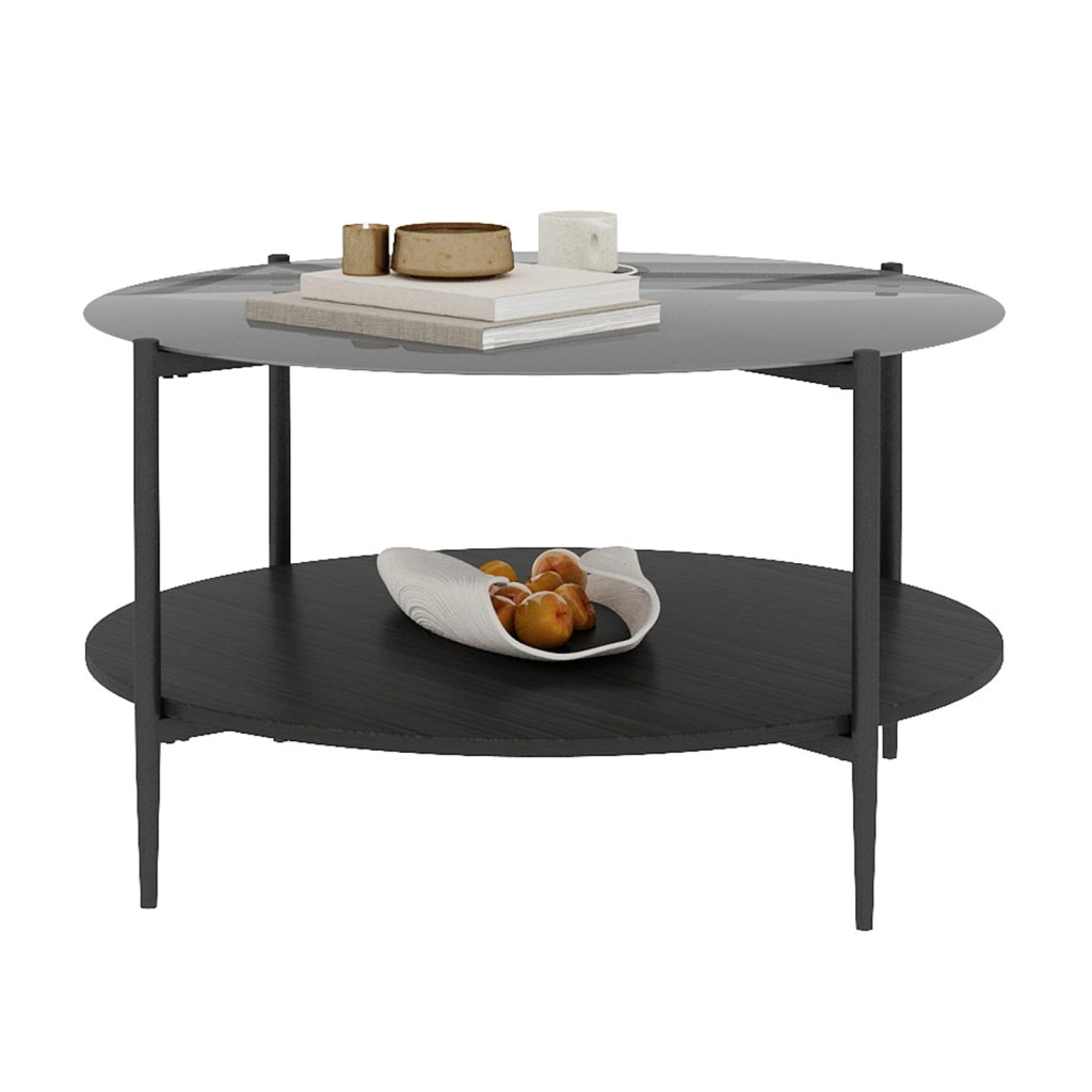 Tavolino basso fisso rotondo a due ripiani in vetro temprato legno e ferro nero diametro 82 cm altezza 45 cm