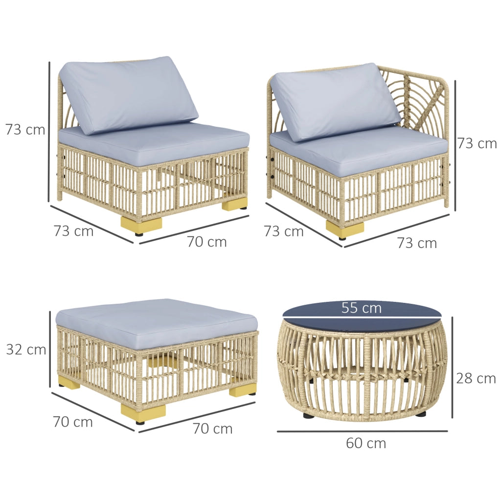 Set 5 Pezzi Mobili da Giardino in Rattan Sintetico Grigio Chiaro con Cuscini e Struttura in Acciaio Robusto per Terrazzo ed Esterno