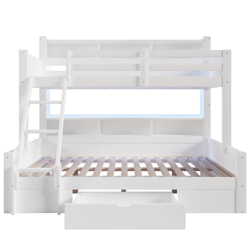 Letto a castello 90x200 e 140x200 cm con LED, cassetto e ripiani bianco
