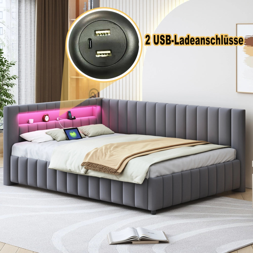 Divano Letto Imbottito in Velluto Grigio 140x200 cm con LED, USB e Schienale L-Shape