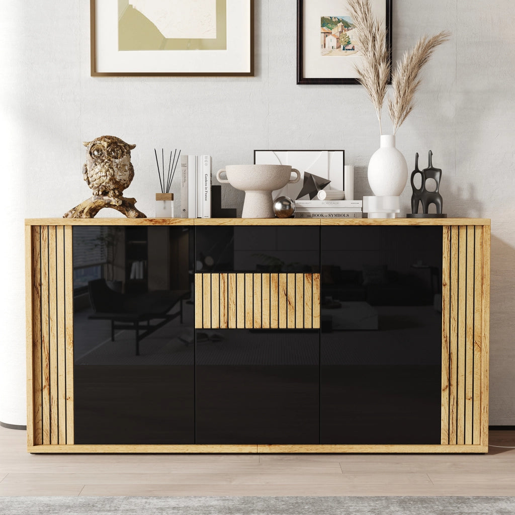 Madia nera e legno con 3 ante; credenza moderna da 140 cm in MDF e pannello truciolare