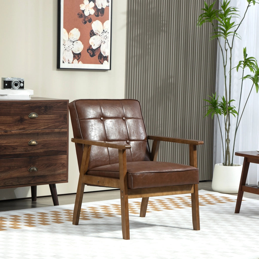Poltrona da soggiorno ¨C Xylo ¨C similpelle marrone, schienale capitonn¨¦, gambe legno massello 64x73x81cm