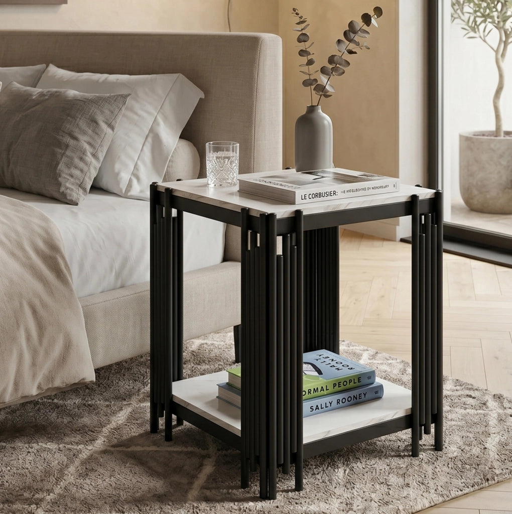 Comodino a 2 ripiani in MDF effetto marmo bianco e nero