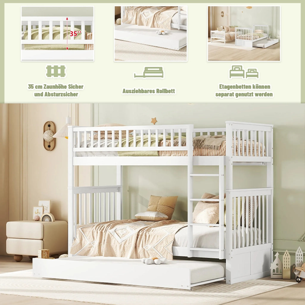 Letto a castello per bambini 3 posti 90x200 cm con letto estraibile, ringhiere alte e scala stabile, bianco