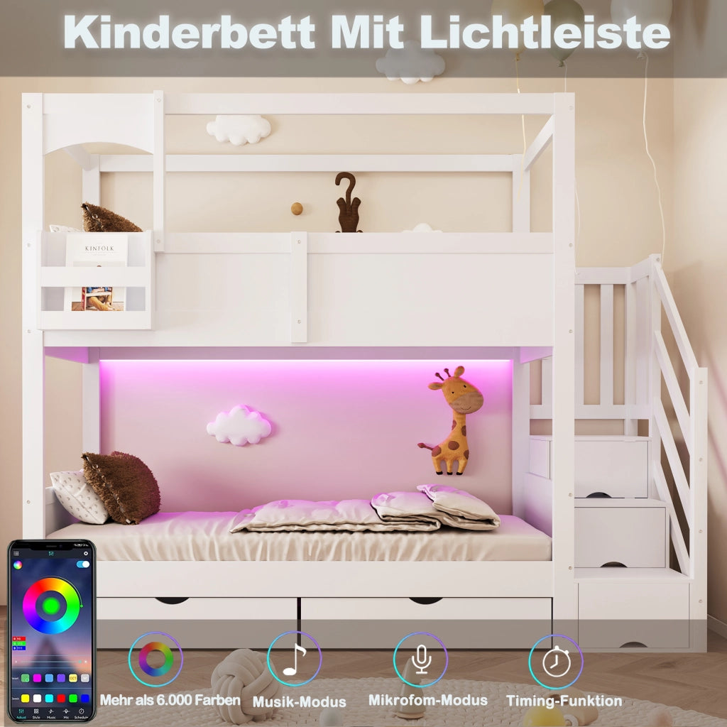 Desviae Letto a castello per bambini 90 × 200 cm con rete a doghe, design casetta, legno, bianco, con scrivania e contenitore