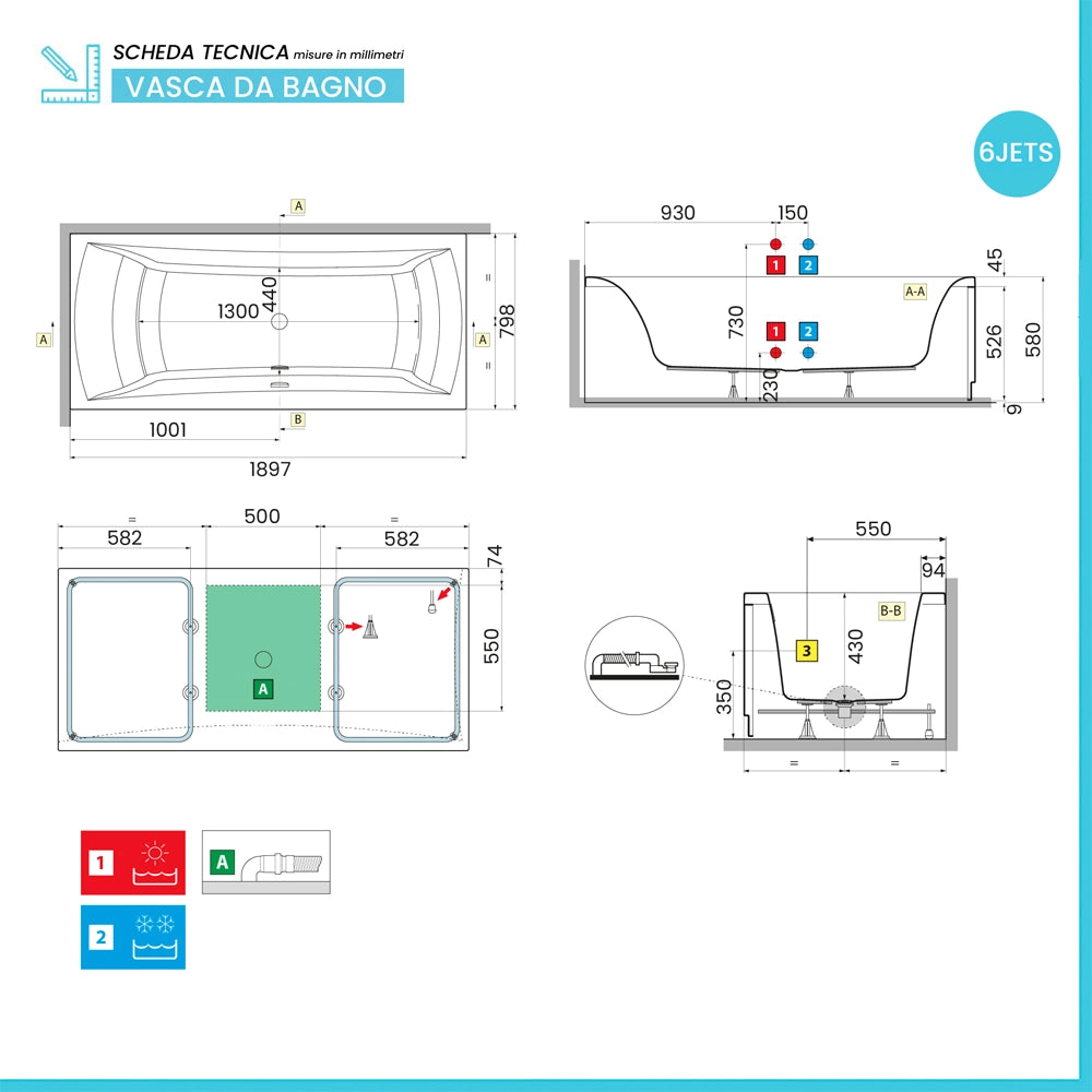 Vasca da bagno idromassaggio 190x80 a 6 JET bianco lucido con cuscino antibatterico Ypsilon