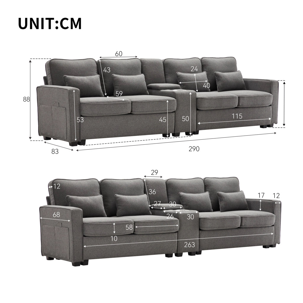 Divano 4 posti 290 cm con console, USB e portabevande in tessuto effetto lino grigio scuro