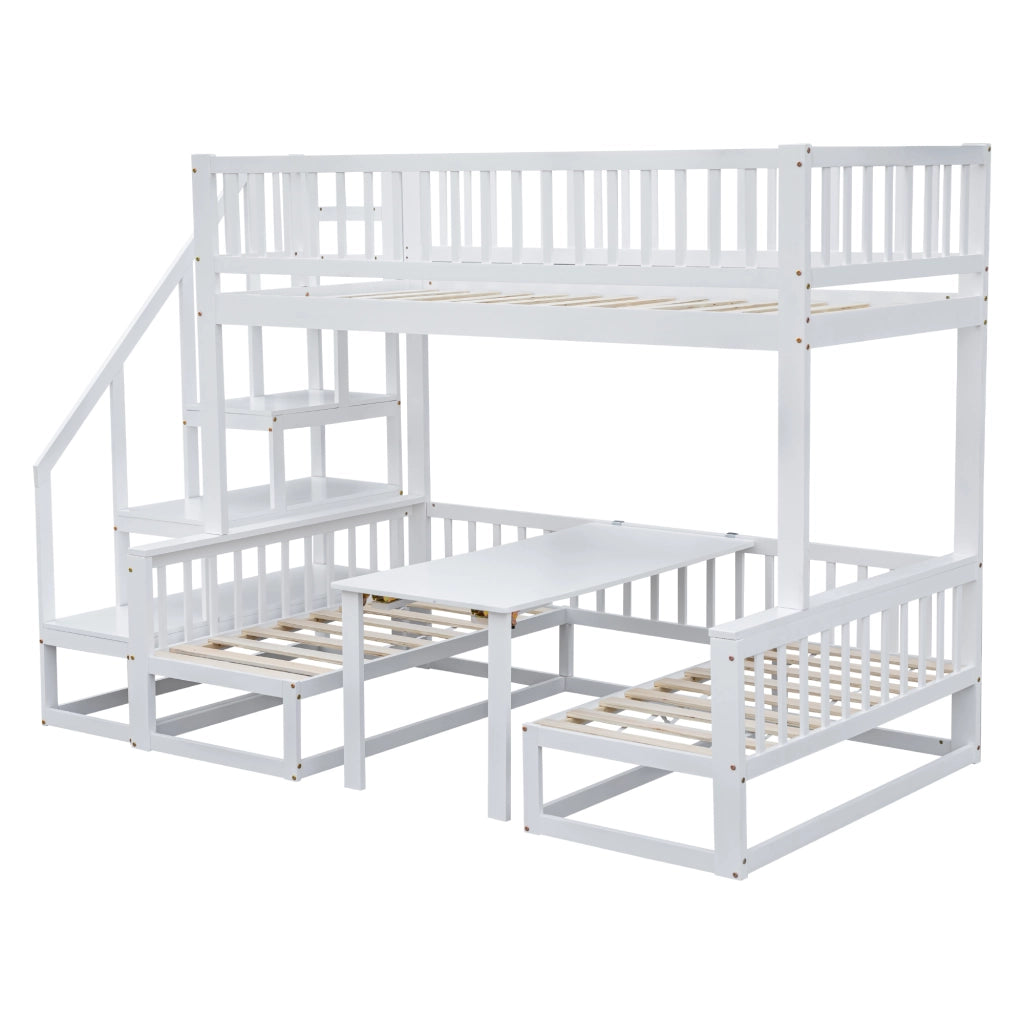 Letto a castello 90 × 200 cm e 120 × 200 cm, 3 posti con tavolo regolabile e divano, senza materasso, bianco