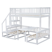 Letto a castello 90 × 200 cm e 120 × 200 cm, 3 posti con tavolo regolabile e divano, senza materasso, bianco