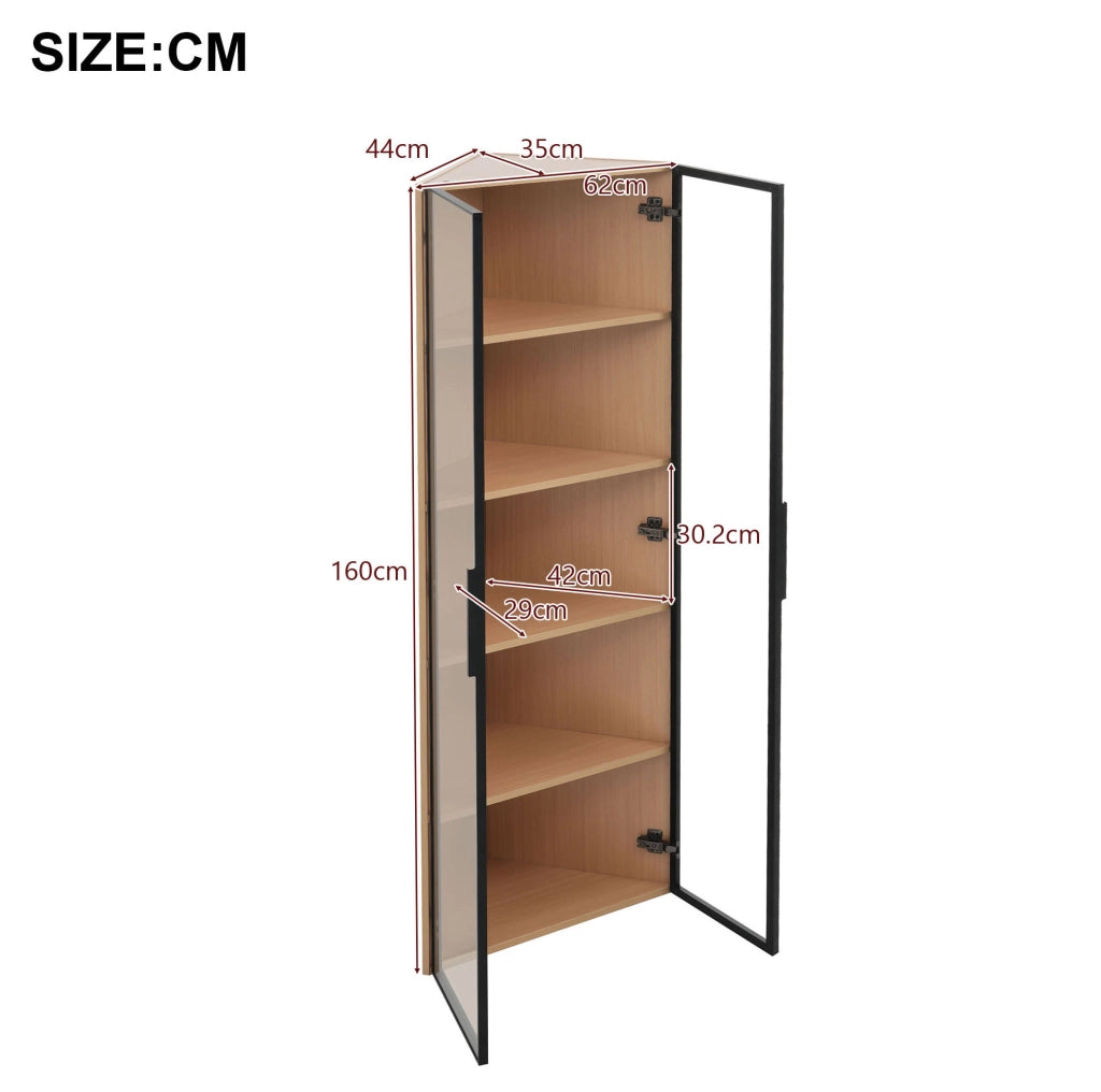Vetrina angolare 62x35x160 cm con LED; vetro temperato e MDF effetto rovere
