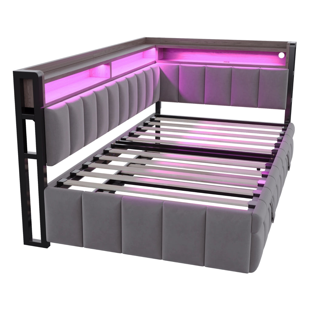Divano letto estraibile ULEVR 90x200 cm con LED, USB e Type-C, vani portaoggetti, velluto grigio