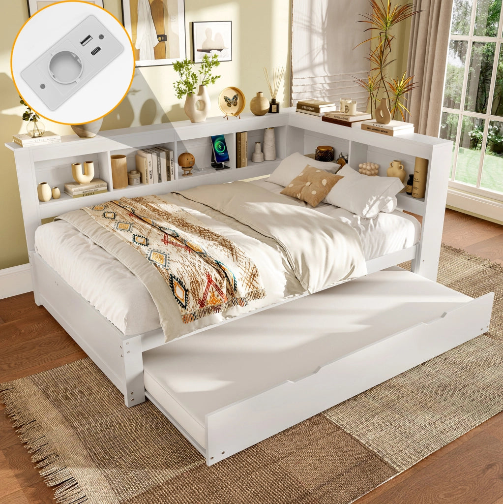 LETTO DIVANO estraibile 140x200 cm bianco con prese e 2 USB