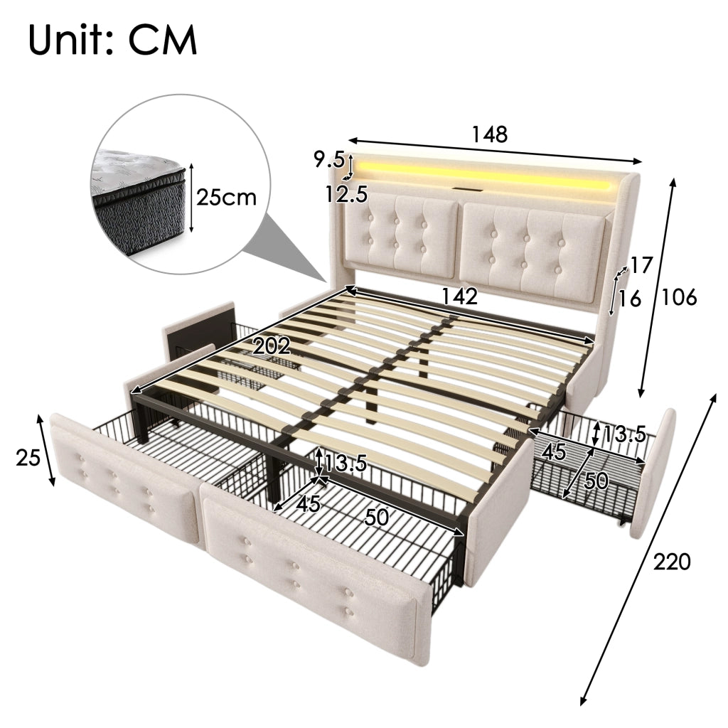 DESMIU Lit Coffre 140 × 200 cm 2 Posti con LED, USB, Type-C e 4 Cassetti, Materasso Incluso, Beige