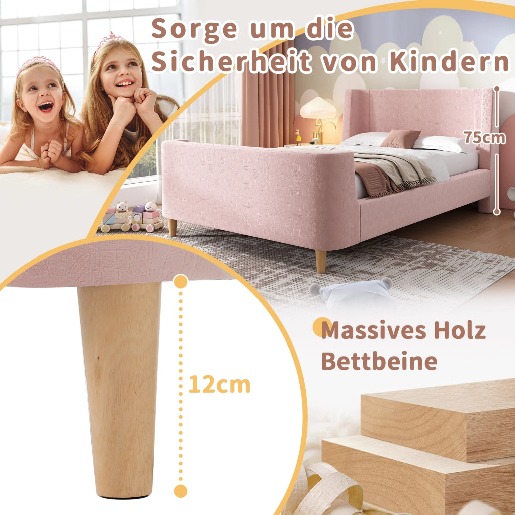 Letto singolo 90 × 200 cm con testiera imbottita e motivo spaziale rivestito in velluto rosa con rete a doghe