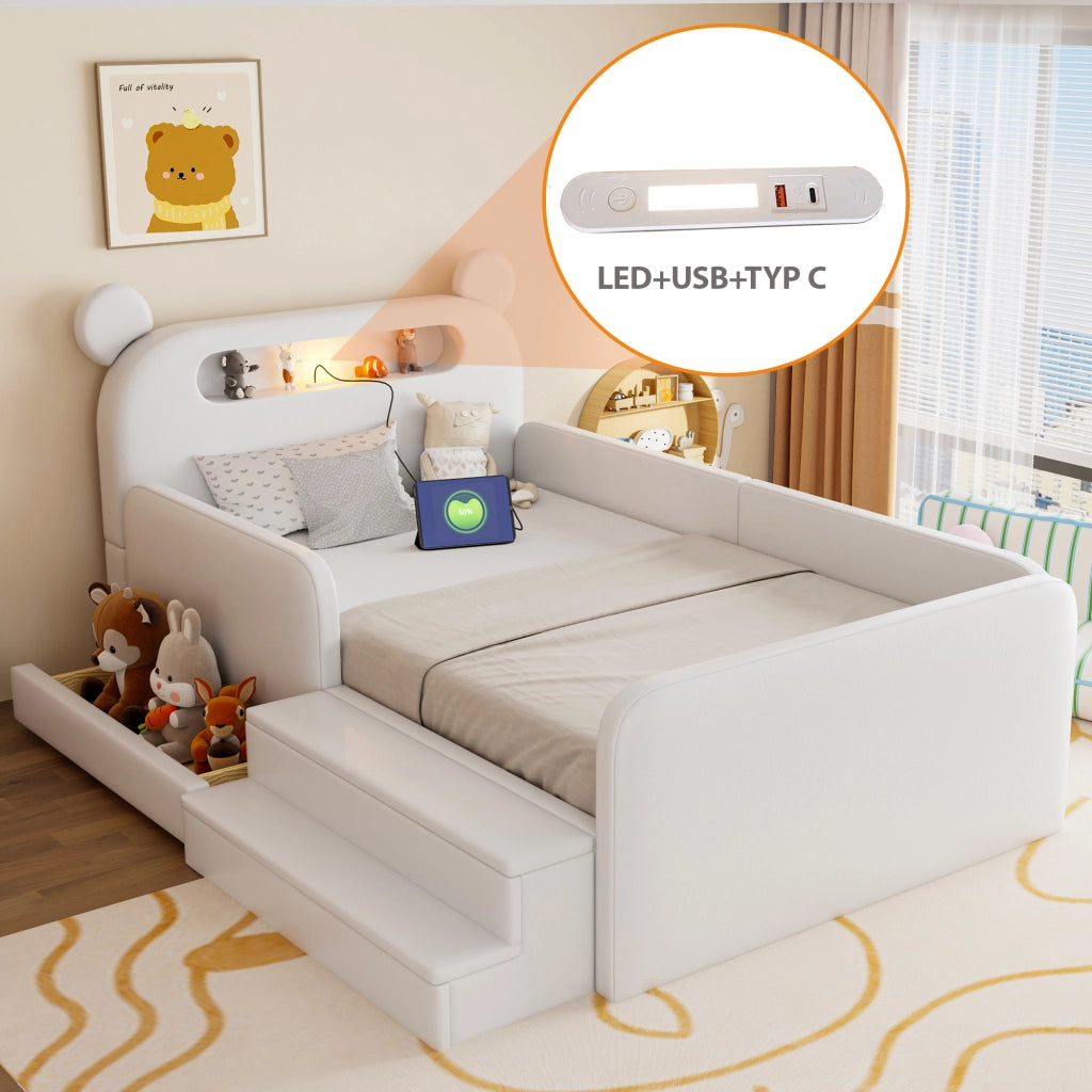 Letto imbottito per bambini con testiera orso ¨C Minimal ¨C similpelle bianco 90x200cm con luce LED USB e contenitore