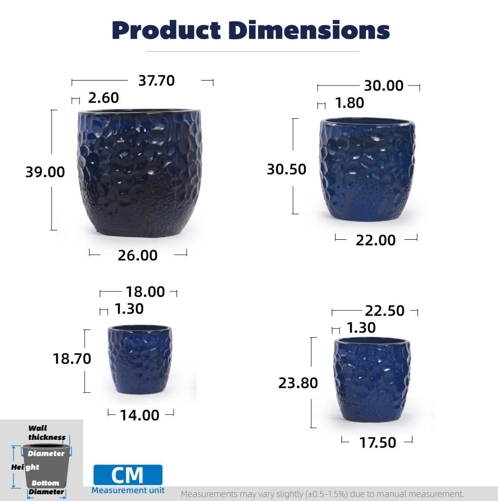 Vaso in Ceramica Smaltata Blu Scuro Ø22,5 cm con Motivo a Martellatura per Piante Grasse e Piante da Interno