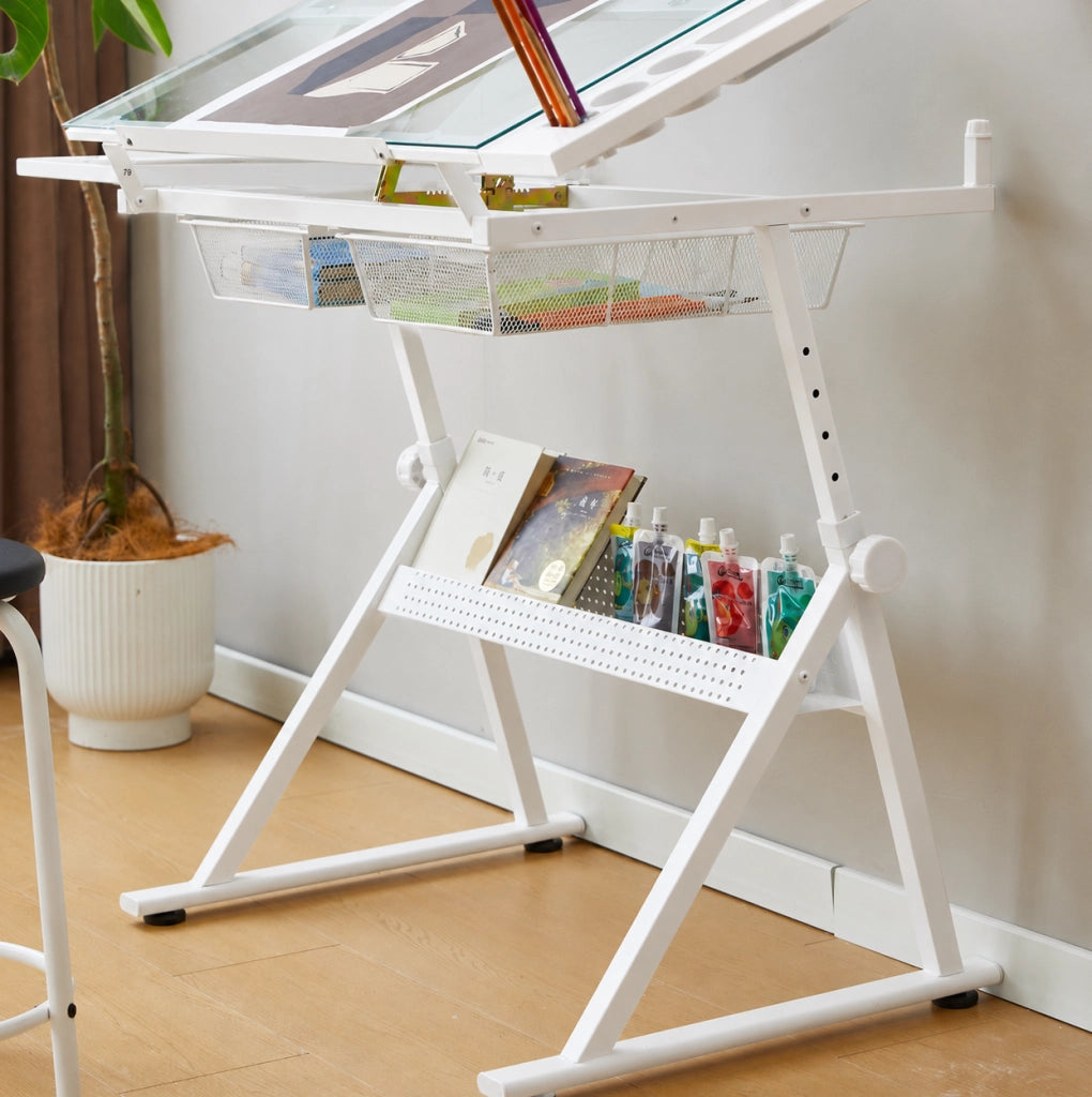 TAVOLO da Disegno Regolabile 80-126 cm Acciaio Bianco con Piano in Vetro