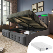 Letto matrimoniale 140x200 cm con contenitore idraulico; LED e prese USB-C; cotone-lino grigio