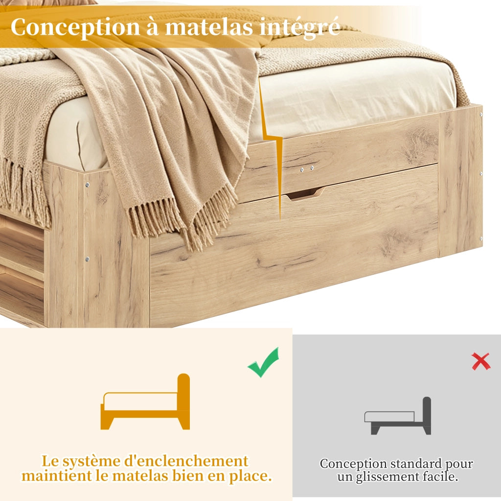 Letto ULEVR 140x200 cm con cassetti, vani estraibili, luce notturna LED, USB e USB-C, naturale