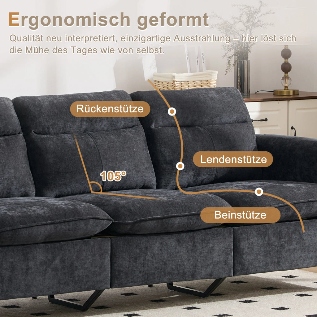 Divano angolare a 3 posti in chenille nero con pouf contenitore e chaise longue reversibile 201 × 77 × 86 cm