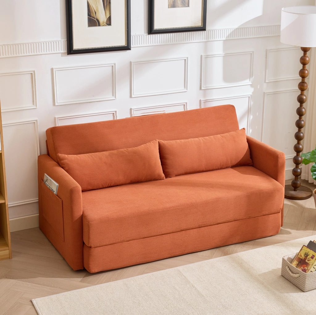 Divano letto 2 posti in tessuto di cotone, arancione, con due cuscini lombari e tasche portaoggetti, dimensioni 165x92x82 cm
