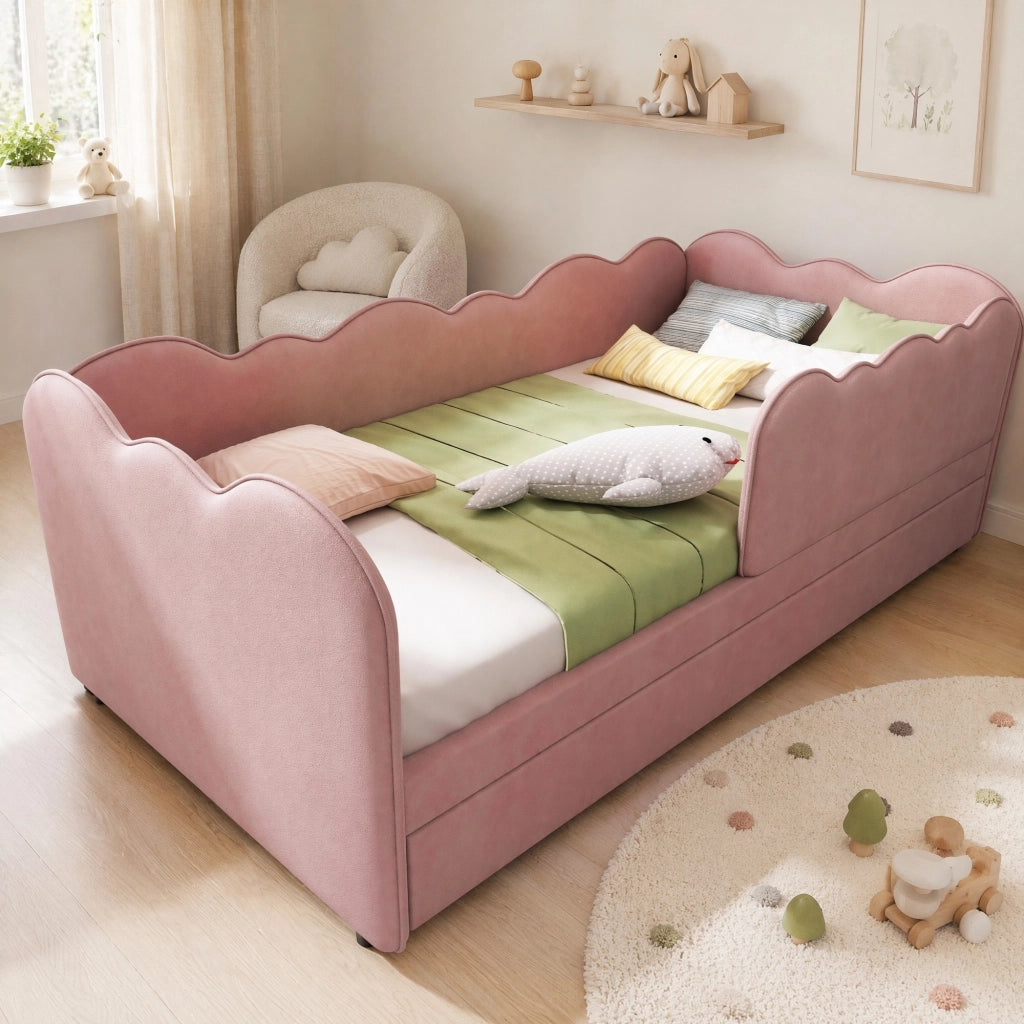 Letto con letto estraibile 90 × 190 cm struttura a L con schienale imbottito in velluto rosa