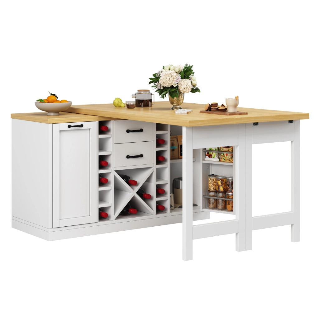 Isola cucina girevole 360° con tavolo 120-223x40x73;8 cm; MDF bianco e metallo