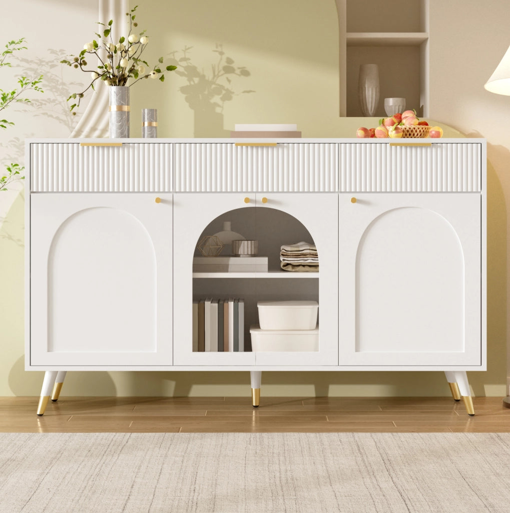 Credenza ULEVR 140x40x85,5 cm con 4 ante in acrilico trasparente e 3 cassetti, bianca