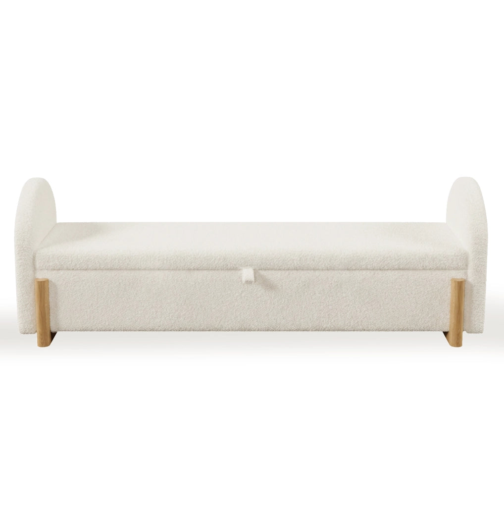 Panca con contenitore idraulico 146x47x61 cm in tessuto bouclé bianco con gambe a U in legno di gomma