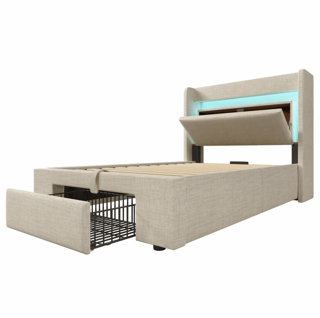 Letto singolo contenitore 90x200 cm in lino beige con LED; USB e USB-C HOMVRA