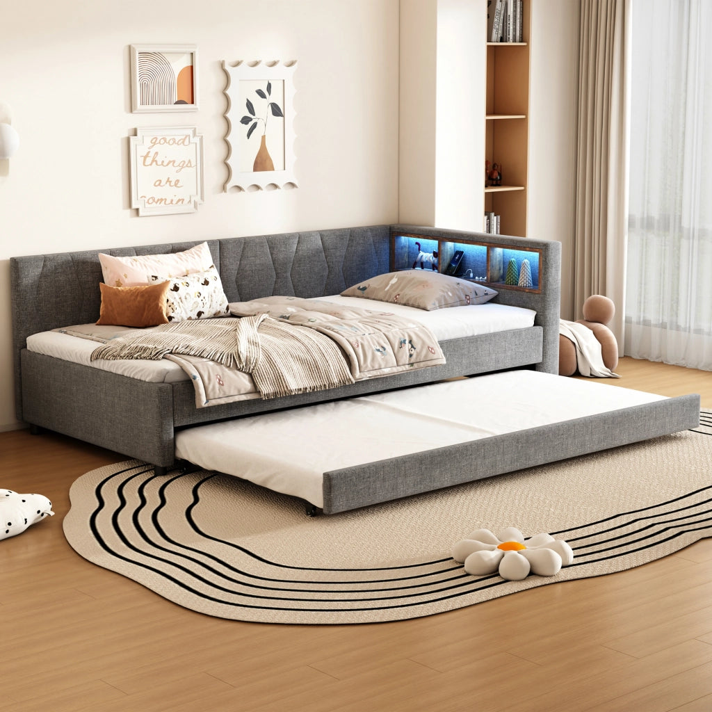 Letto singolo 90x200 cm con secondo letto estraibile; LED; USB e tipo C; lino e MDF; beige
