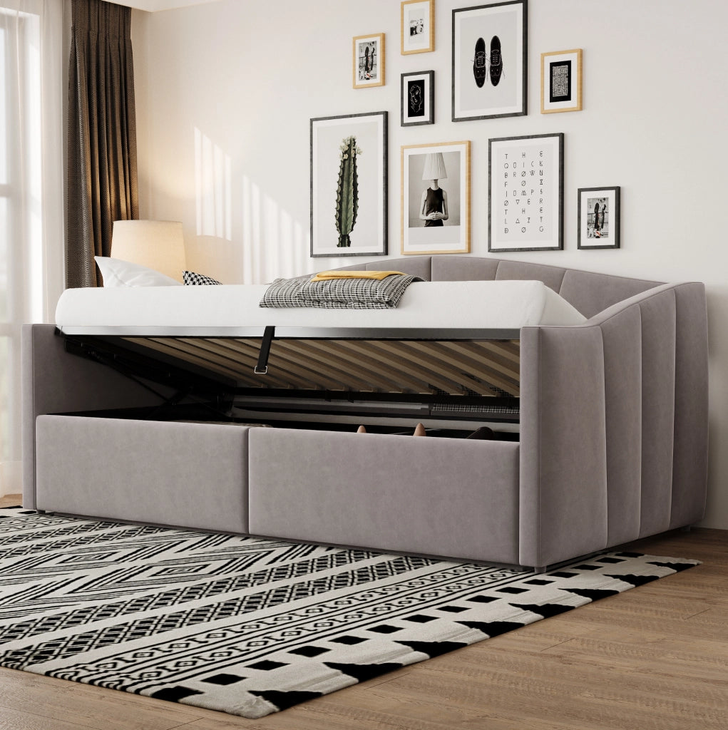 Divano letto imbottito con contenitore idraulico 90x200 cm; velluto; grigio chiaro