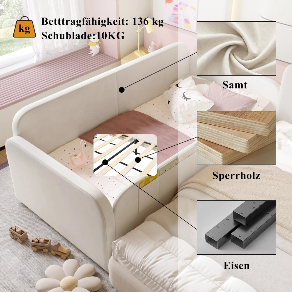 Letto per bambini singolo 90 × 200 cm con 2 cassetti e 3 tasche laterali, senza materasso, in velluto bianco