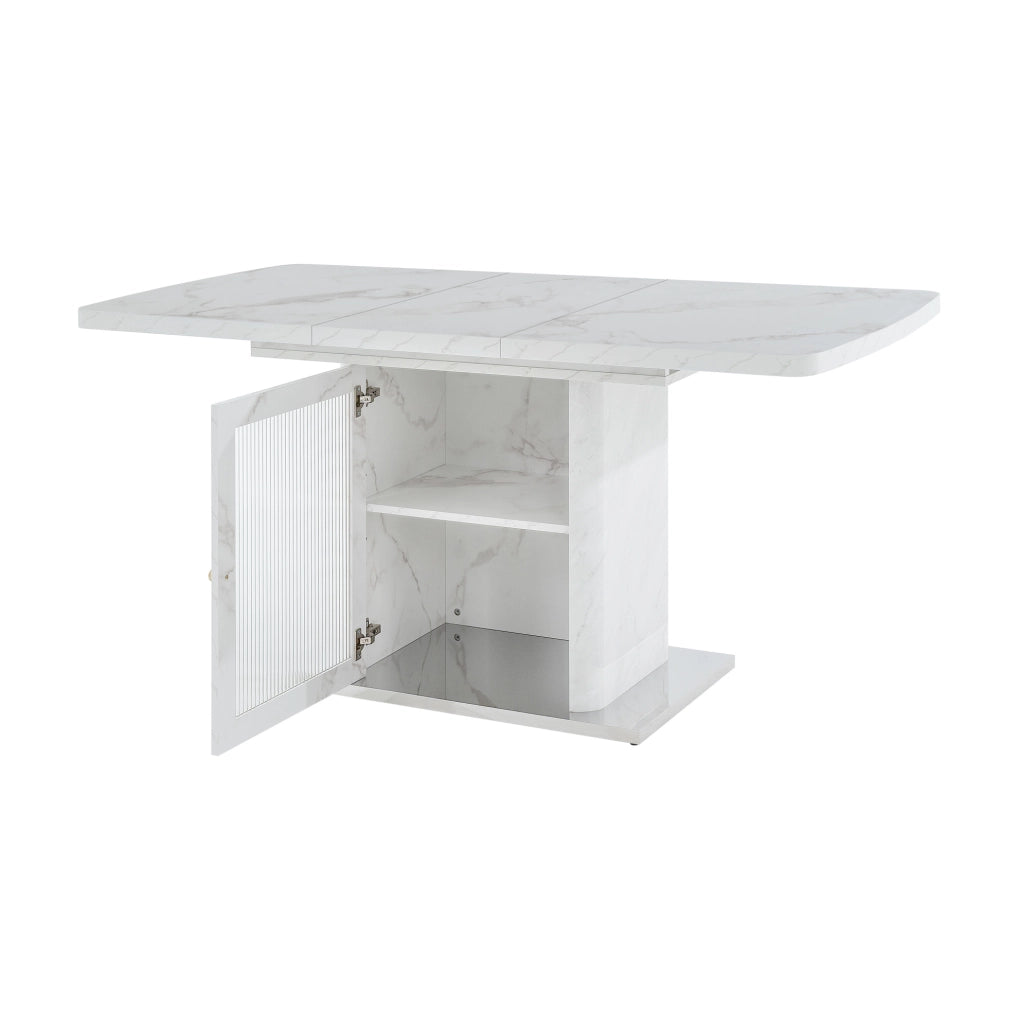Tavolo da pranzo allungabile 120-160x80 cm con mobile contenitore; MDF e acciaio; bianco