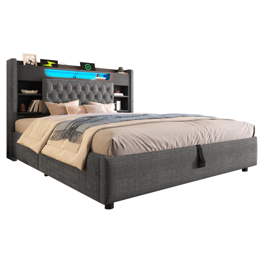 Letto 180x200 cm con contenitore idraulico, LED e USB-C in lino grigio