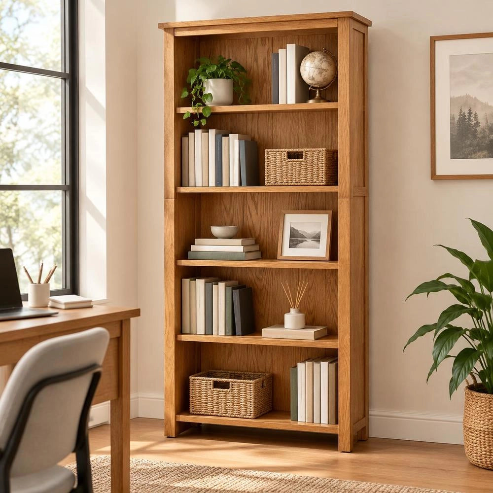 Bookshelf With 5 Compartments, 70x22x140 Cm, Solid Oak Wood