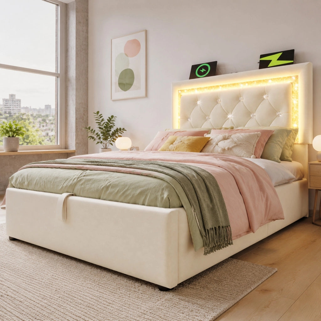 Letto 90x200 cm in velluto beige con LED, USB, Type-C e contenitore idraulico