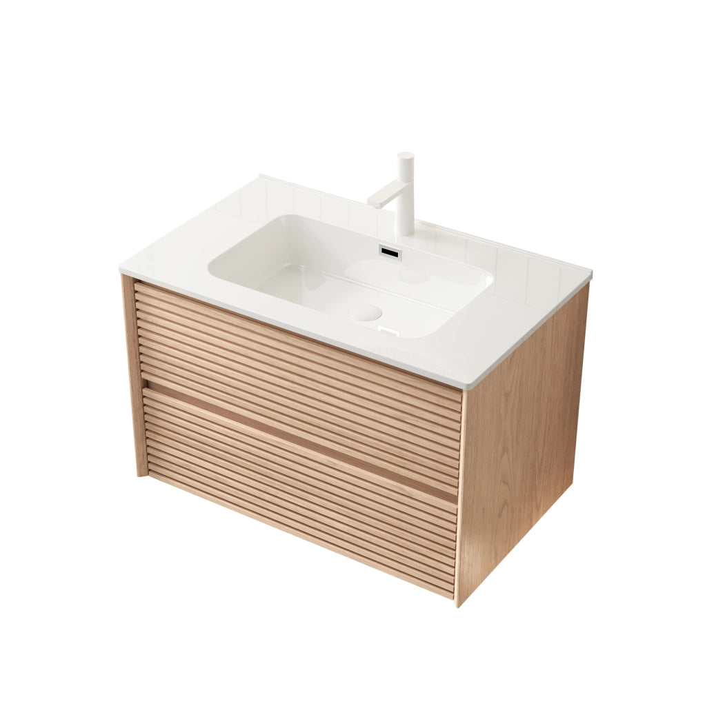 Mobile lavabo bagno sospeso 81 cm ceramica bianca e compensato noce, 2 cassetti