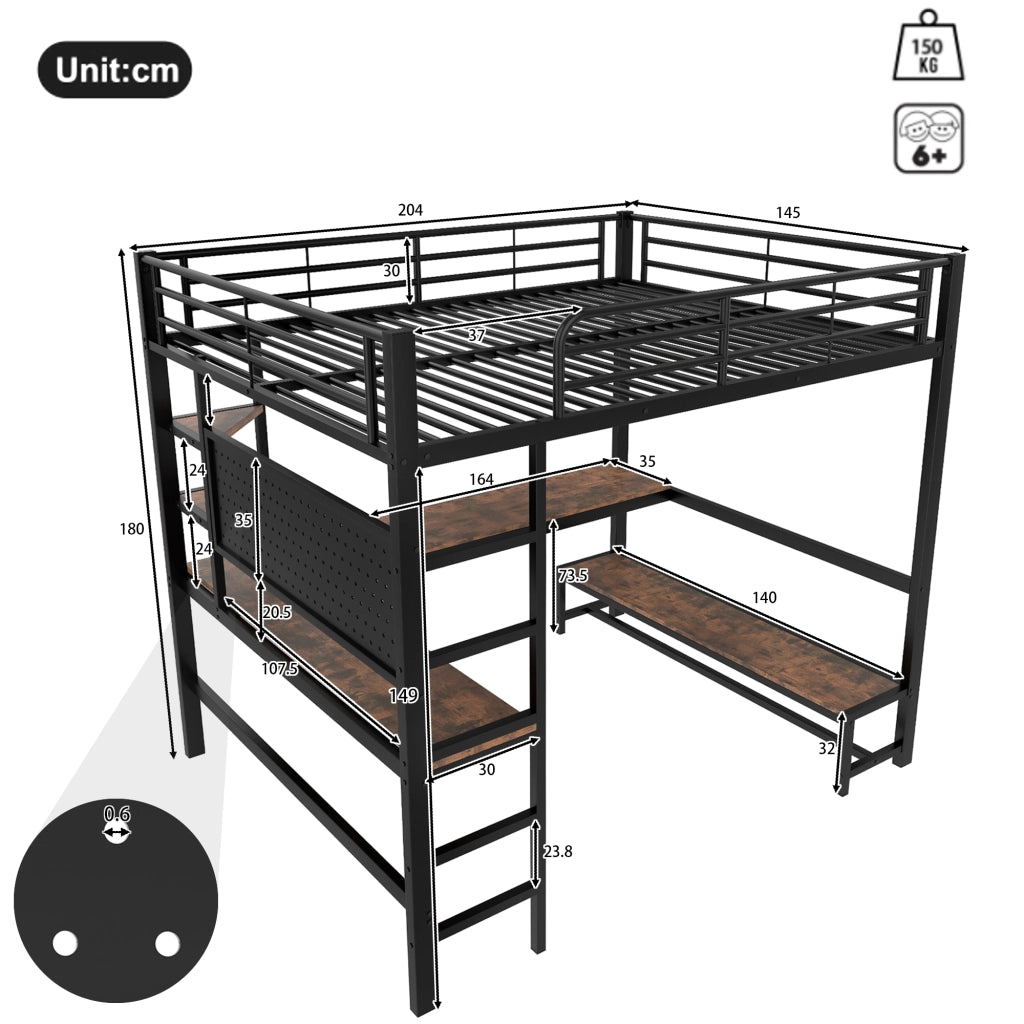 Letto a soppalco 140 × 200 cm con scrivania ripiani LED USB Type-C metallo e MDF nero