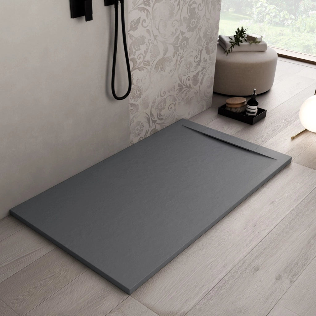 Piatto doccia in marmoresina grigio scuro effetto pietra cemento vincent, misura 80x110