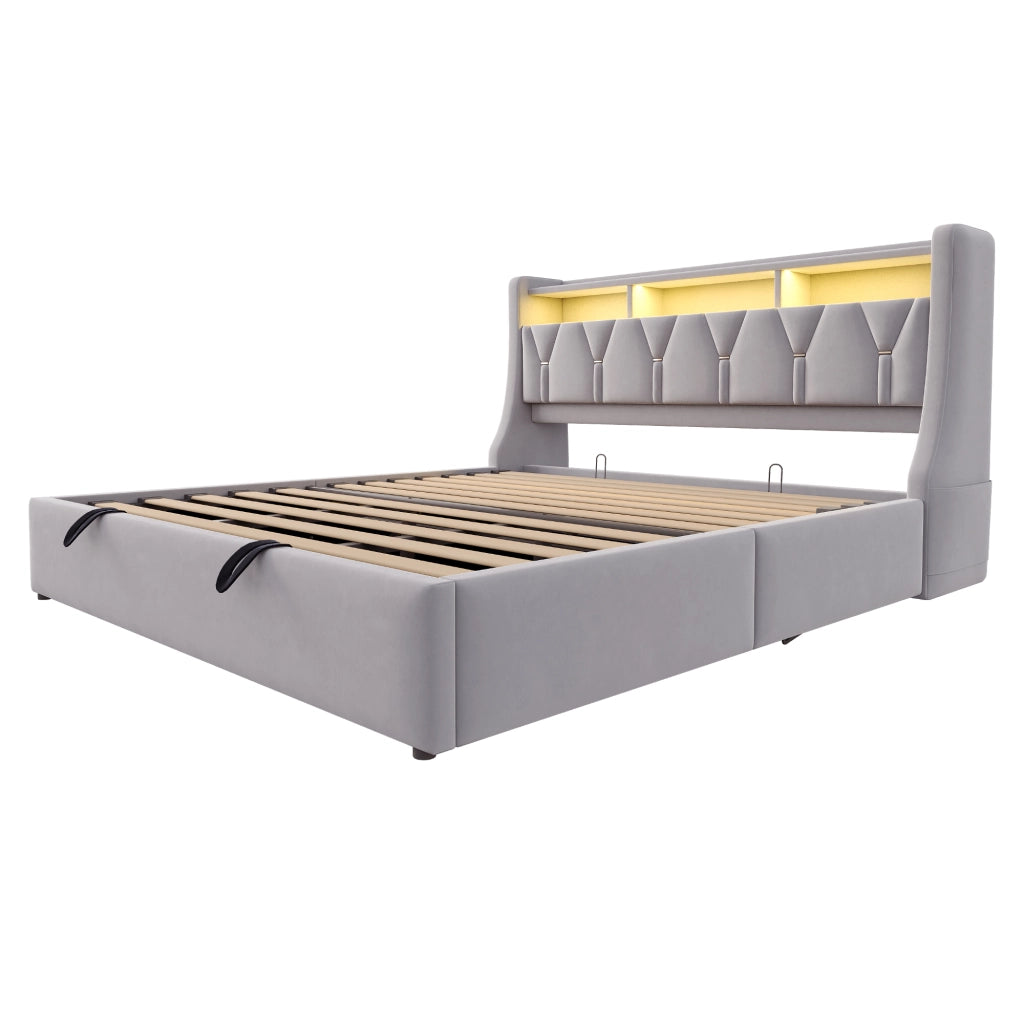 Letto contenitore 180 × 200 cm imbottito con testiera LED prese USB e Type-C in velluto grigio chiaro