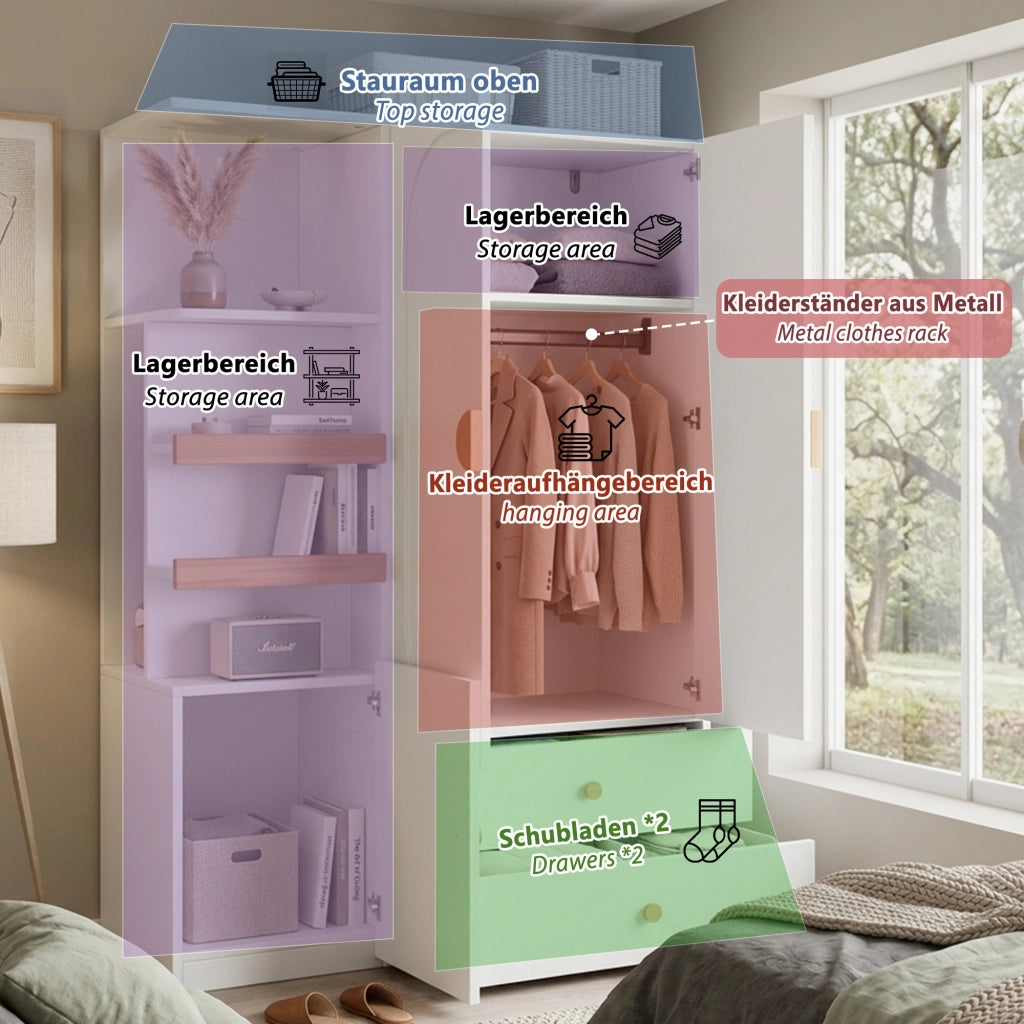 Armadio con barra appendiabiti; 2 cassetti e ripiani aperti in MDF bianco e naturale per camera 125 × 50 × 180 cm