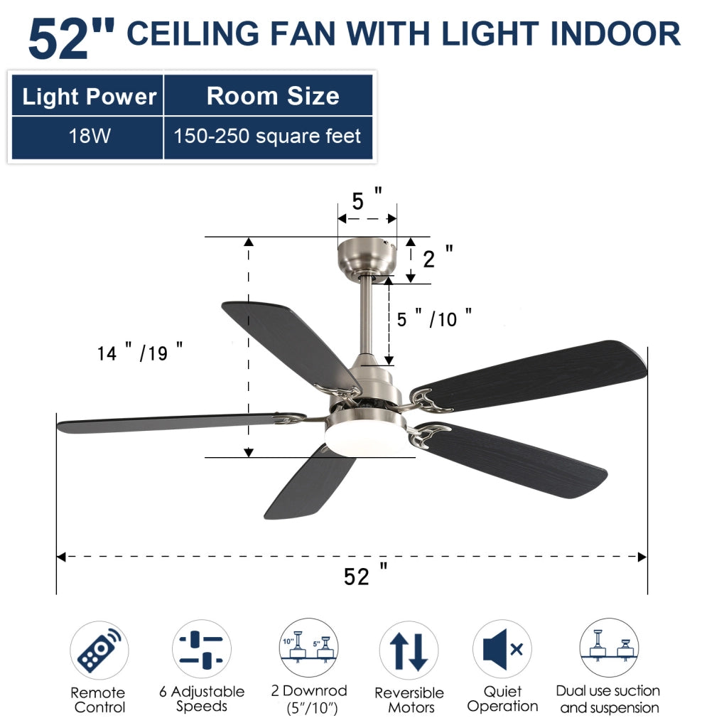 Ventilatore a soffitto YEAVIO 52" con LED dimmerabile, 6 velocità, 5 pale, telecomando e motore DC reversibile