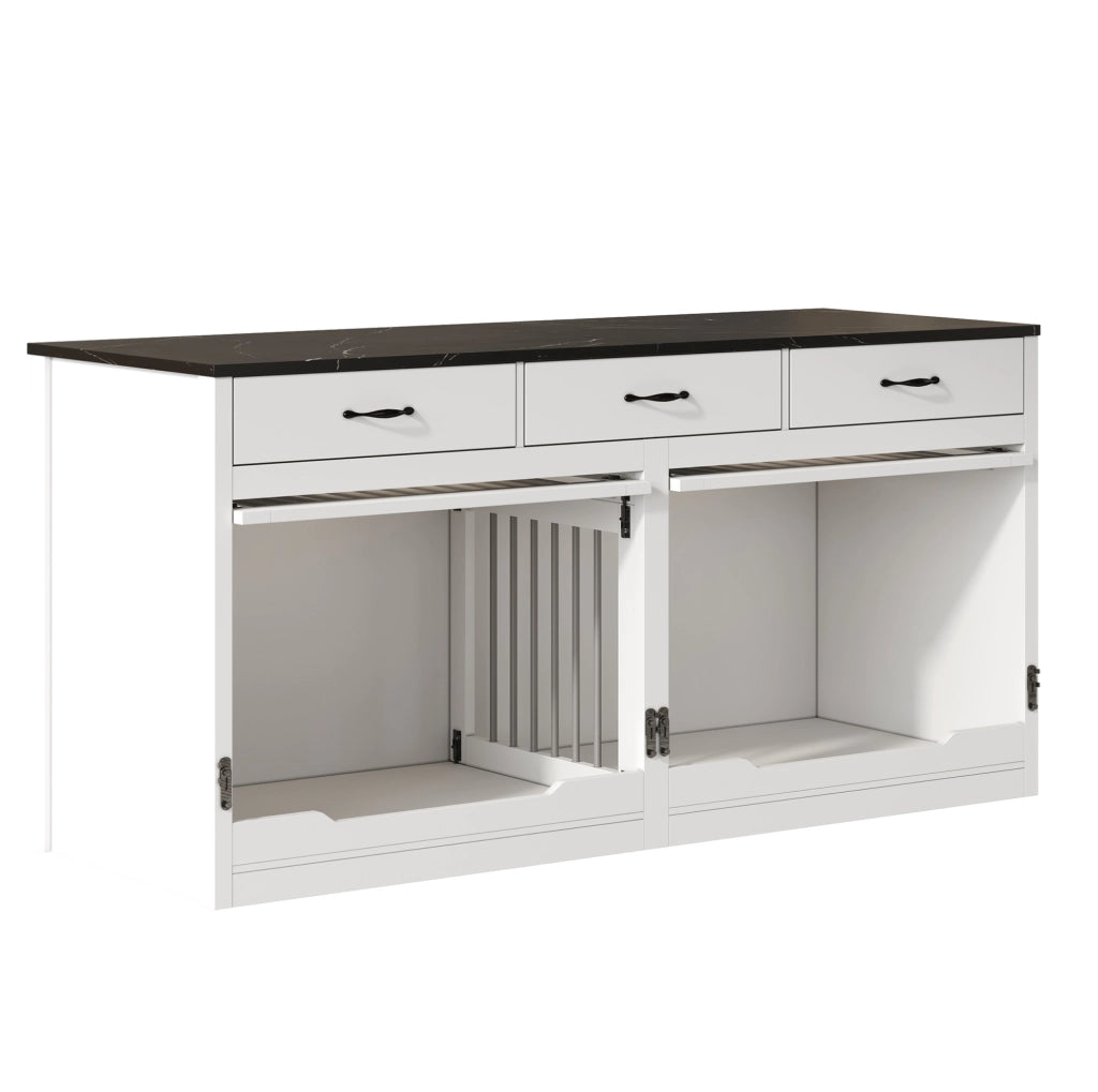 Gabbia per Cani in Legno e Metallo 164 x 60 x 81 cm con Porta Sollevabile e 3 Cassetti Bianca e Nera