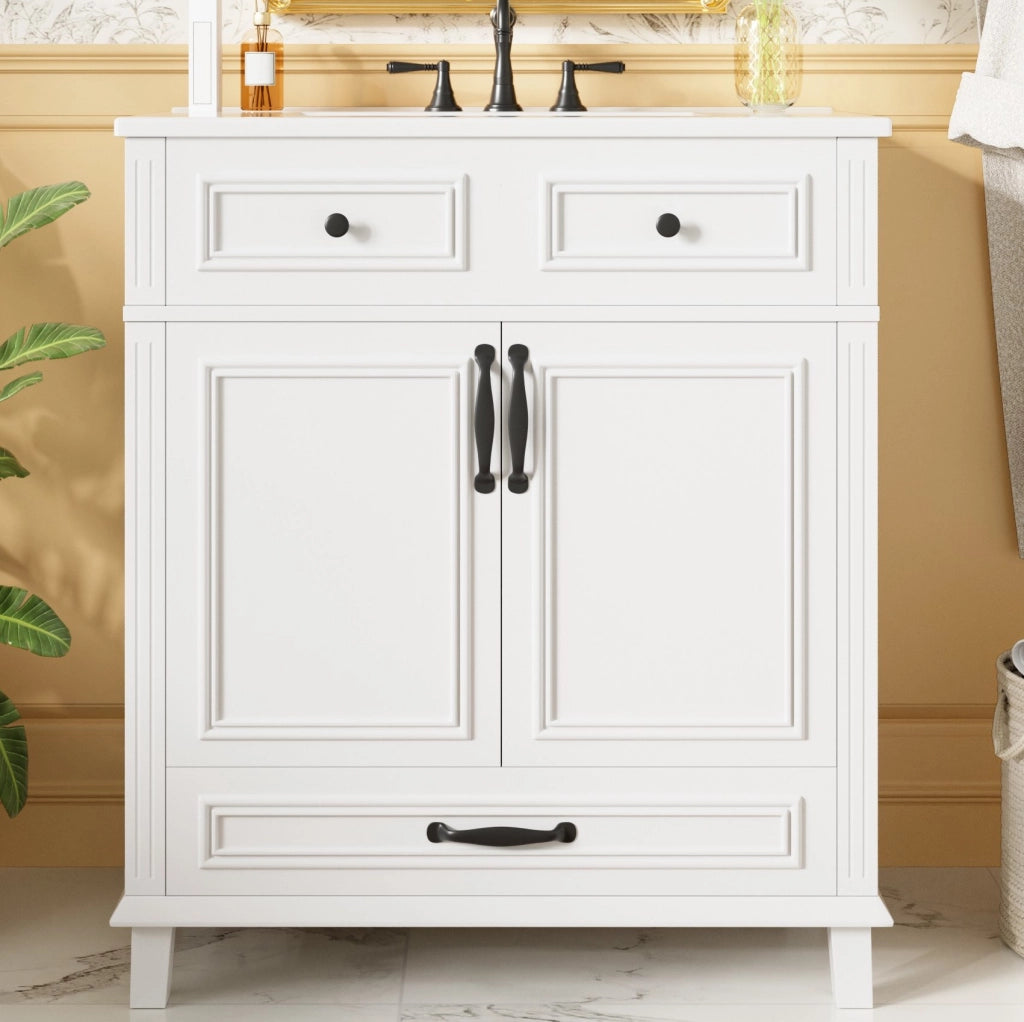 Mobile da bagno bianco, 77x46x86 cm con lavabo in ceramica integrato e 9 scomparti