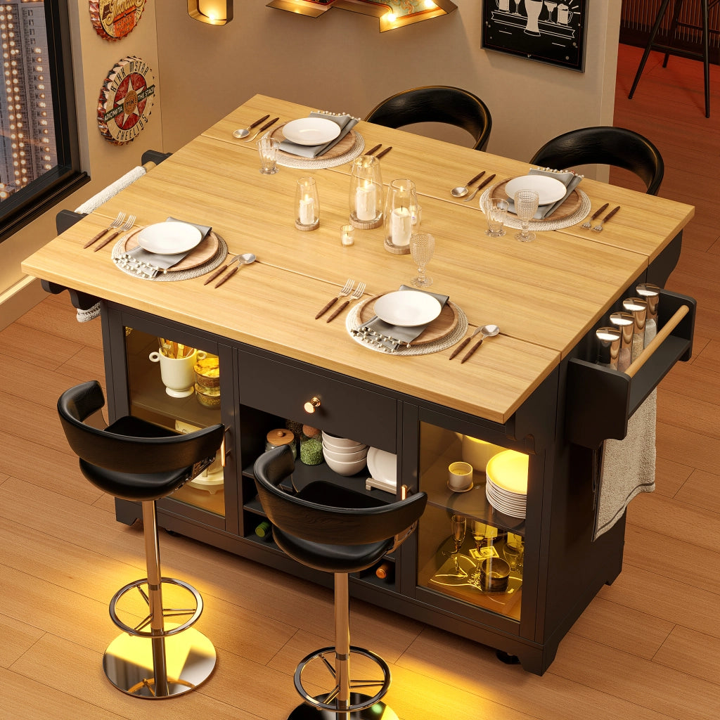 Carrello da cucina con ripiani regolabili, portabottiglie e piani pieghevoli, LED RGB, nero, 120 × 80 × 95 cm