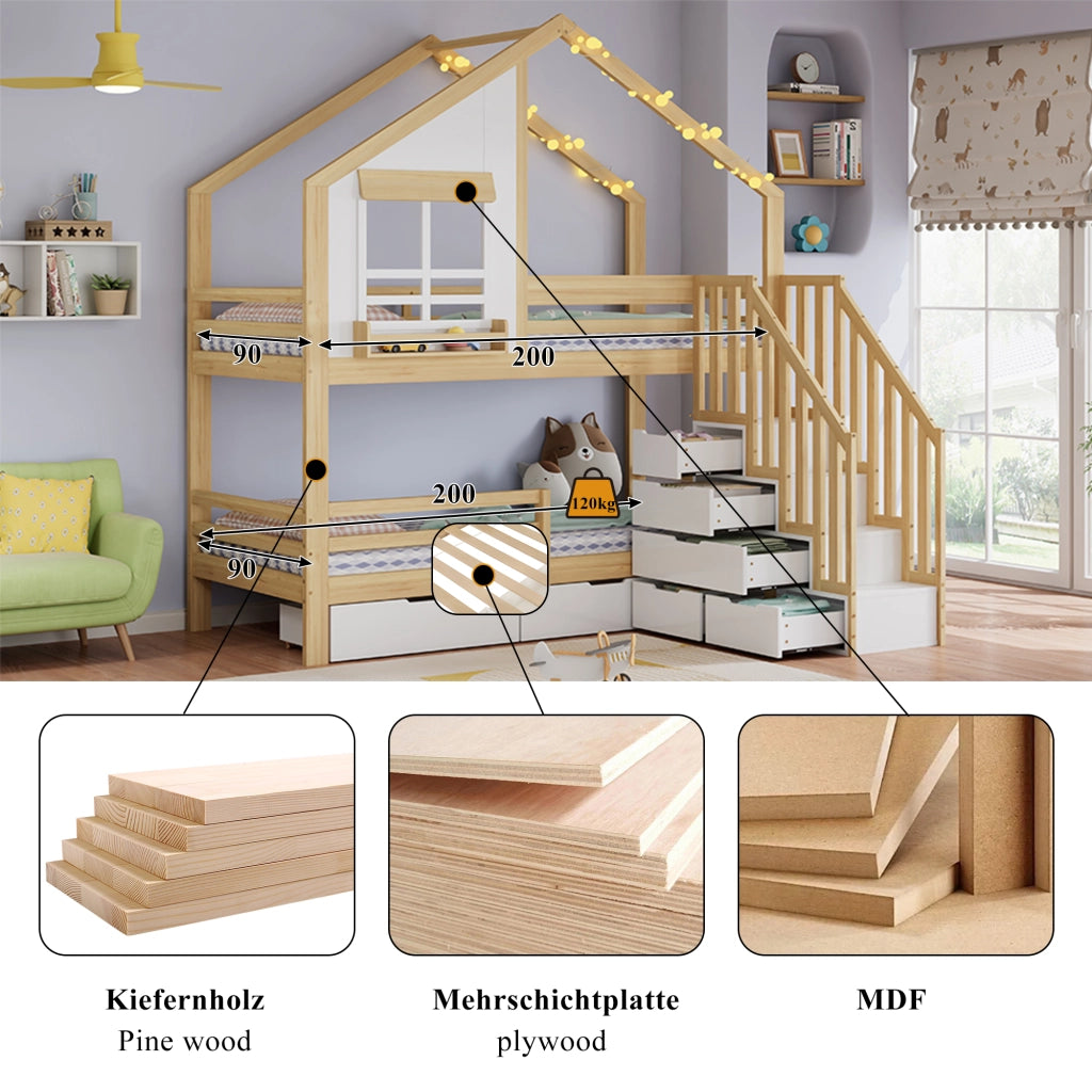 Letto a castello per bambini 90x200 cm in pino e MDF; a casetta; bianco e naturale; con scala contenitore e cassetti