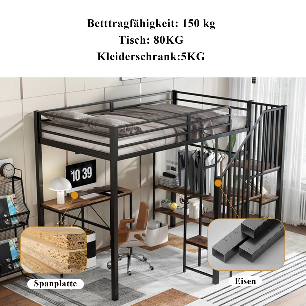 OKWISH Letto a soppalco 120×200 cm, Letto Singolo con Scala ad Angolo, Scrivania, Mensole e Armadio Aperto, senza Materasso, Nero