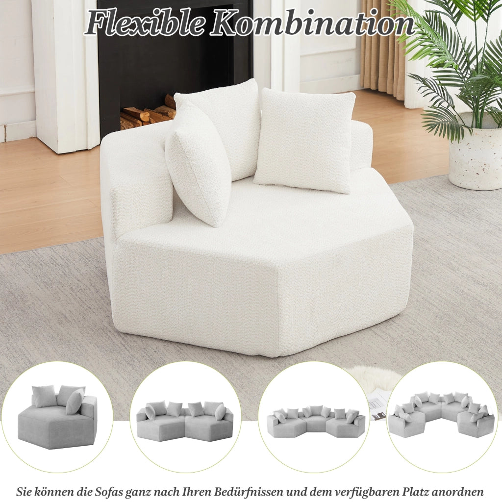 Poltrona lounge modulare esagonale in chenille beige con 3 cuscini